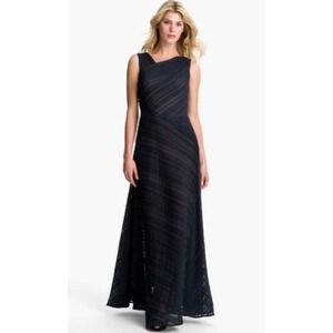 Tadashi Shoji Asymmetrical Gown Pleated Chiffon Navy Blue Formal Dress Size 8